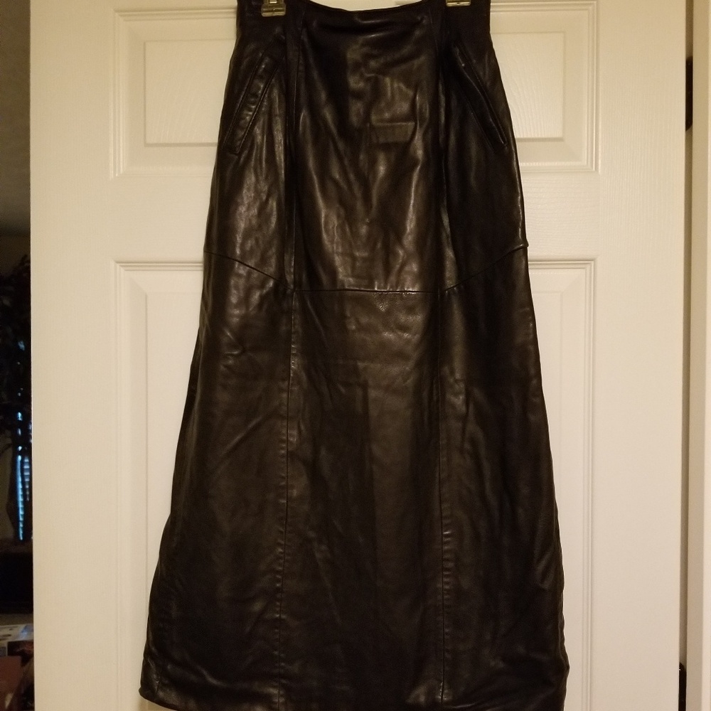 Long black leather straight skirt
